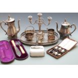 Collection of plated ware including tray, length 42cm, cased fish servers, cutlery, sardine dish,