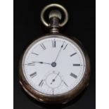Waltham silver keyless winding open faced pocket watch with subsidiary seconds dial, blued hands,