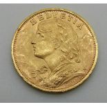 1927 gold Swiss 20 franc coin