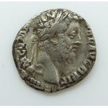 Commodus AD 177-192 Roman silver denarius, laureate bearded head, obverse COS V (consulship fifth