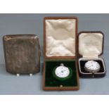 Hallmarked silver cigarette case, height 68g and two white metal cased pocket watches marked 800
