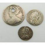 Maundy coins comprising Charles II twopence 1682, George II penny 1729 and a pierced Queen Anne