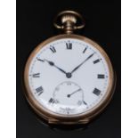 9ct gold cased keyless winding open faced pocket watch with subsidiary seconds dial, blued hands,