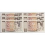 Six 'J B Page' UK £10 banknotes including two pairs, all near uncirculated