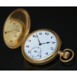 Nirvana 18ct gold keyless winding full hunter pocket watch with inset subsidiary seconds dial, blued