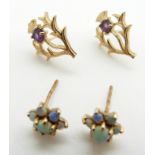 A pair of 9ct gold studs set with opals in a cluster and a pair of 9ct gold earrings in the form