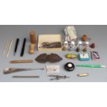 Sewing related items including boxwood tape, Waterman pens, scissors, ivory travelling pen,