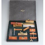 Sanderson brass and mahogany miniature presentation woodworking tool set including planes,