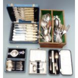 Hallmarked silver christening set comprising fork, spoon and knife, hallmarked silver salt spoon,