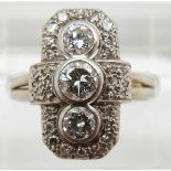 Art Deco 18ct white gold ring set with three diamonds of approximately 0.3ct, 0.18ct and 0.18ct