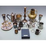 Silver plated ware including an egg cruet on ceramic base, ice bucket, Walker and Hall, brass