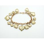 A 9ct gold bracelet set with gold plated heart charms, and a 9ct gold bracelet, 11.5g all in