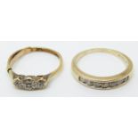 An 18ct gold ring set with diamonds in a platinum setting and a 9ct gold half eternity ring set with