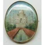 9ct gold brooch set with an Indian painted miniature on ivory depicting the Taj Mahal, 3.3 x 2.2cm