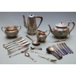 Arts and Crafts hammered tea pot marked JHG, plated three piece teaset and a quantity of plated