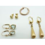 Two pairs of 9ct gold earrings (3.6g), and a pair of 9ct gold earrings set with blue topaz (1.9g)