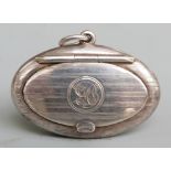George V hallmarked silver miniature oval compact with mirror to interior of lid and engraved line
