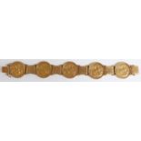 An 18ct gold bracelet set with five gold full sovereigns 1890, 1905, 1896, 1904 & 1887, 71.8g