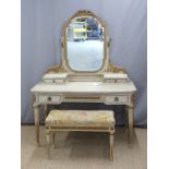 French dressing table with carved and gilded decoration H75 x W129 x D62cm and stool