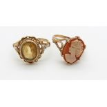 Two 9ct gold rings, one set with a cameo and the other a citrine, 6g