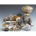 Plated ware including tea set, cased cutlery, pewter, novelty items, tools, clocks etc