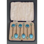 Cased set of six Art Deco blue enamel backed hallmarked silver spoons, Birmingham 1937 maker