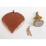 A goldstone/sunstone heart pendant, a Victorian fob set with an intaglio seal and a 9ct gold