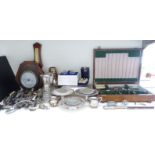 Quantity of silver plated ware including WMF vase, loose and boxed cutlery, barometers etc