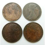 Victorian young head bronze pennies comprising two 1863 examples both VF, an 1865 EF example and
