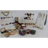 A collection of costume jewellery to include brooches, necklaces, paste necklace, filigree brooch,