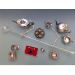 Silver plated tea set, egg cruet, pedestal salts, hallmarked silver napkin ring, glass yard of ale