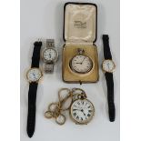 Five gentleman's wrist and pocket watches comprising Superior Railway Timekeeper, Limit, Margi, Time