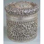 Indian or Burmese white metal lidded trinket or similar pot with finely embossed floral and