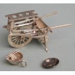 Chinese white metal novelty miniature food or fish cart with basket hanging below and dish of fish