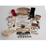 A collection of costume jewellery including silver bracelet, silver bangle, Ingersoll watch, paste