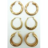 Three pairs of 9ct gold hoop earrings, 7.4g