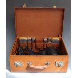 Mappin & Webb George VII leather cased gentleman's travelling set comprising three hallmarked silver