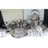 SIlver plated ware including oval galleried tray, length 38cm, spirit kettle on stand, teaware etc,