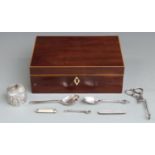 Two hallmarked silver spoons, continental white metal napkin ring, two folding penknifes and a