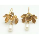 A pair of Victorian earrings in the form of ivy leaves with drop pearls, 2.5g