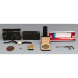 A collection of items including boxed Parker propelling pencil with instructions, ebony container,