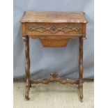 19thC walnut workbox, the lid opening to reveal fitted interior and mirror with slide out tray