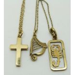A 9ct gold pendant on a 9ct gold chain and a 9ct gold cross pendant on a 9ct gold chain, 7.2g