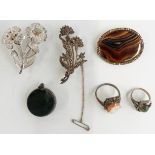 Silver rings, hardstone fob, agate brooch and two floral brooches one being hallmarked silver set