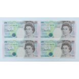Bank of England uncut sheet of four Kentfield £5 notes, BH25-BH26, and BH33-BH34