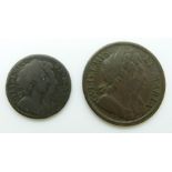 William and Mary 1694 copper halfpenny GF - VF, together with a farthing of the same year  NF