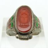 Egyptian Revival silver ring set with enamel and an agate intaglio carved as a scarab beetle,