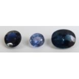 A round cut cournflower blue sapphire measuring approximately 0.3ct, on oval cut sapphire