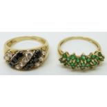 Two 9ct gold rings, one set with emeralds, the other with sapphire and cubic zirconia, 8.4g, both