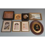 Collection of pictures, miniature frames, 19thC glass case, stevengraph or similar silks etc,